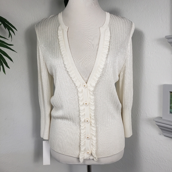 St. John Cream Ribbed Ruffles Cardigan Top Sweater 100% Viscose NWOT sz Small - Picture 1 of 16